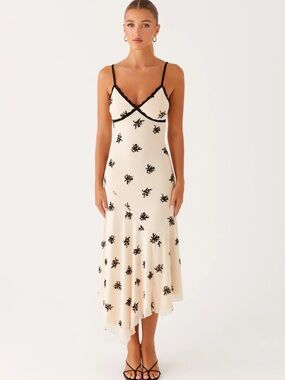 Peppermayo Nude & Black Lace Trim Midi Dress